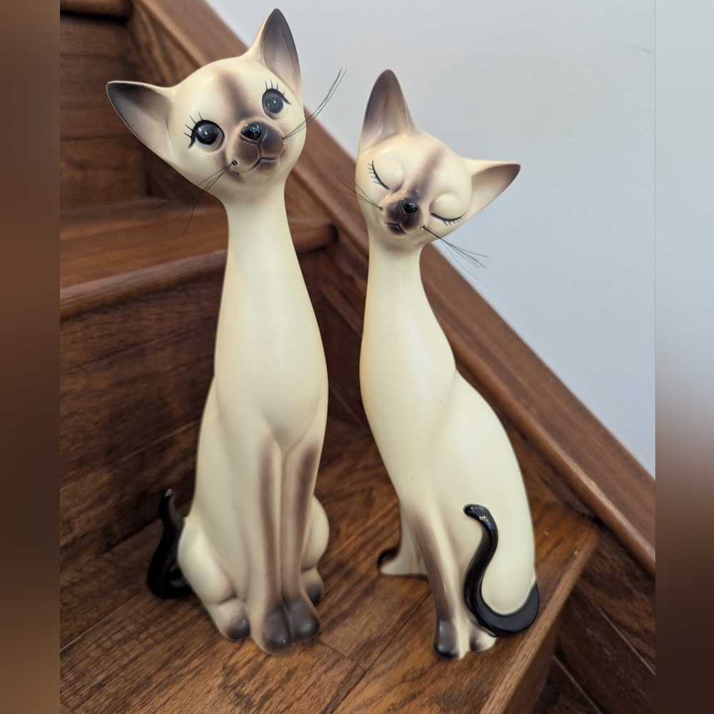 Vintage Norcrest Japan Siamese Long Neck Cats 1950s Tall Porcelain Cat Figurines